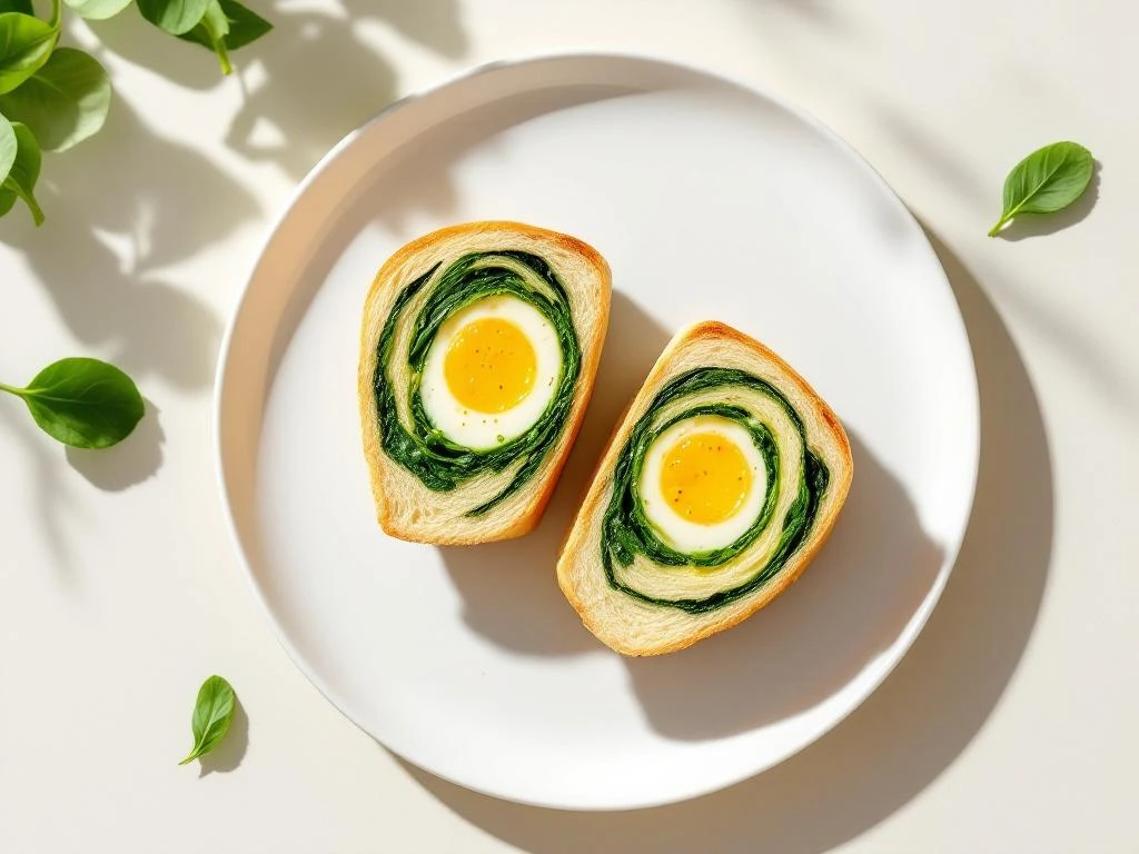 Breakfast roll cut in half on white plate showing spinach and egg filling with fresh spinach leaves nearby