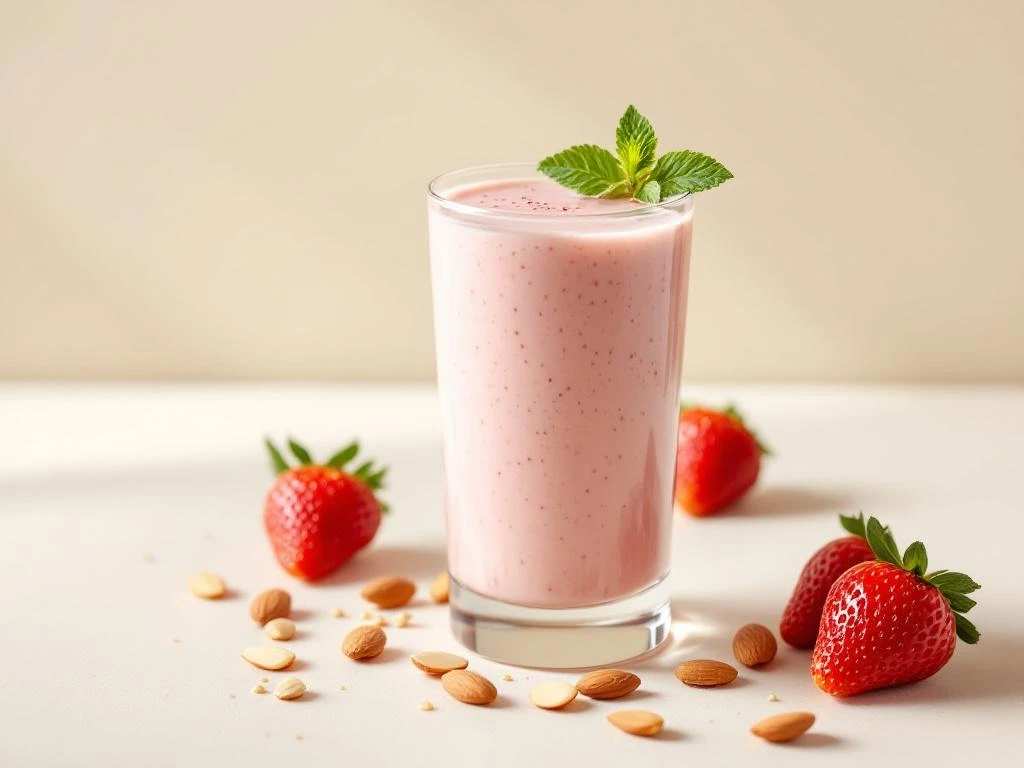 Strawberry almond smoothie in glass with fresh strawberries, almond slices, and mint garnish on cream background