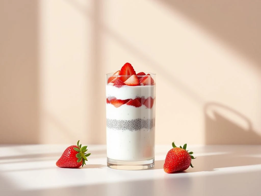 Layered chia pudding parfait with strawberries and yogurt in glass, fresh strawberry beside it on ceramic surface