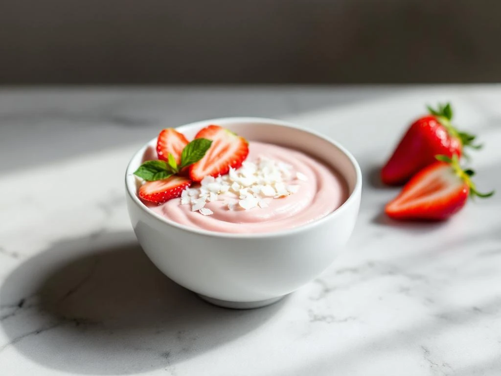 Strawberry coconut chia pudding in white ceramic bowl topped with fresh strawberries, coconut flakes, and mint leaf