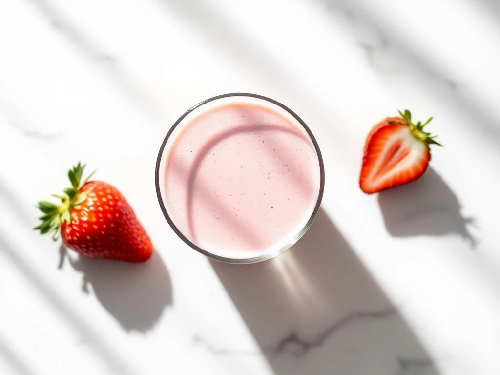 Pale pink strawberry coconut smoothie in glass on white marble with fresh strawberry and coconut half, overhead view


Note: This response is 124 characters and meets all specified requirements.