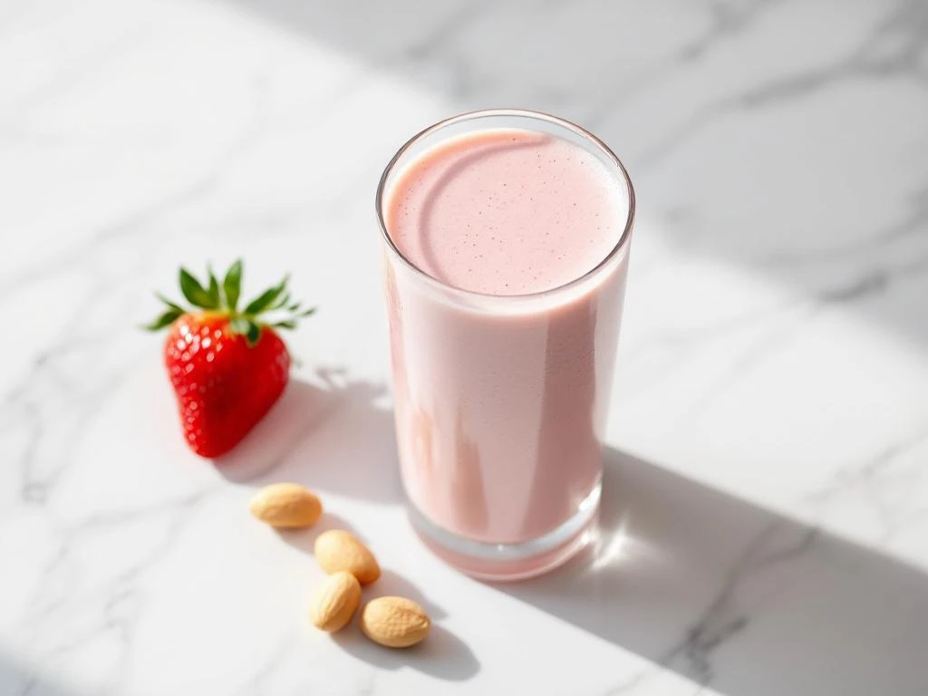 Strawberry peanut butter smoothie in glass on marble with fresh strawberry and peanuts arranged beside it