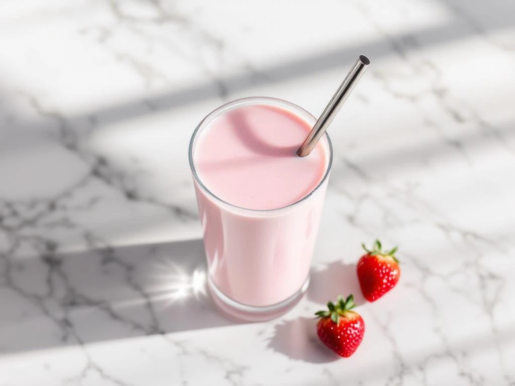 Strawberry protein shake in glass with metal straw and fresh strawberries on white marble surface