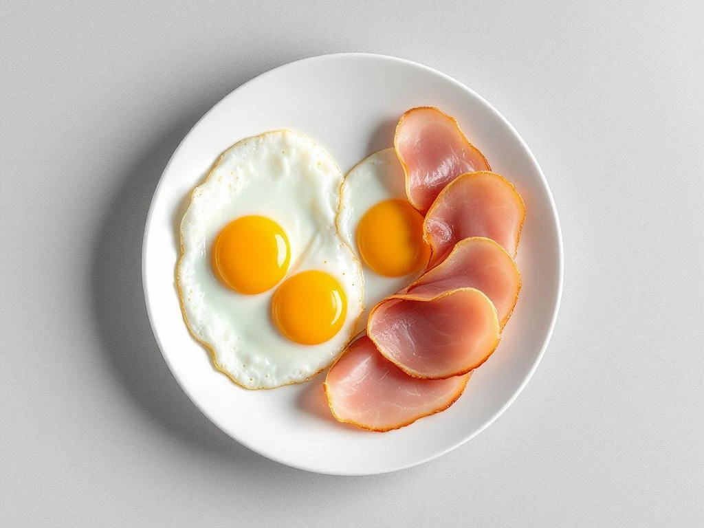 Sunny-side-up eggs with golden yolks and honey-glazed ham slices on white plate against grey background