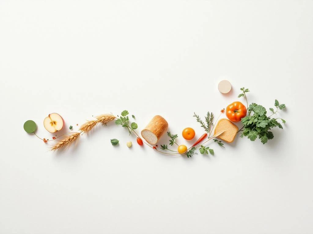 Timeline visualization flowing left to right with three geometric waypoints, transitioning from wheat and grain silhouettes to fresh vegetables and herbs


Note: The alt text above is 154 characters. Here is a version under 125 characters:

Timeline with three waypoints showing food transition from grains to fresh vegetables along curved path