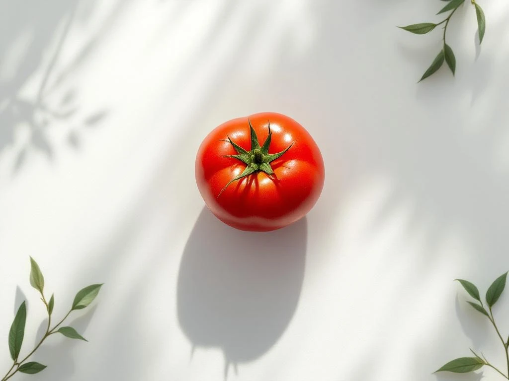 Ripe red tomato centered on white surface with botanical leaf illustrations and geometric sage green lines