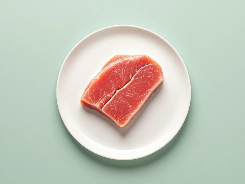 Fresh tuna steak on white plate with low-FODMAP ingredients ginger and chives on sage green background