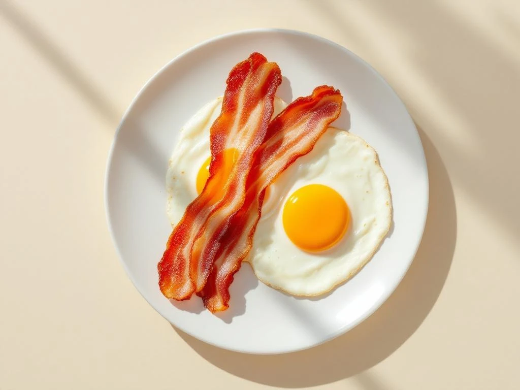 Two sunny-side-up eggs with golden turkey bacon strips on white ceramic plate, overhead view with natural lighting