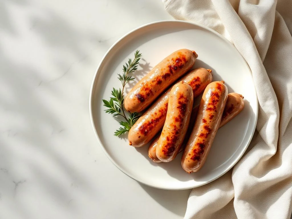Golden-brown turkey sausage breakfast links arranged in parallel lines on white plate with fresh herbs and linen napkin