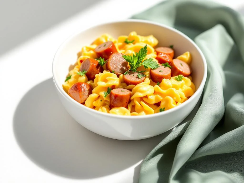 White ceramic bowl with turkey sausage, scrambled eggs, and fresh herbs on white background with green linen napkin