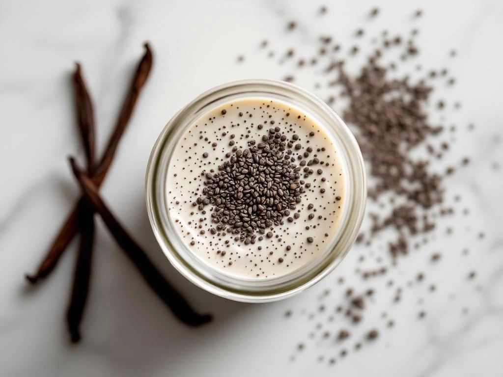 Vanilla chia pudding in glass jar on marble surface with vanilla beans and scattered chia seeds, overhead view