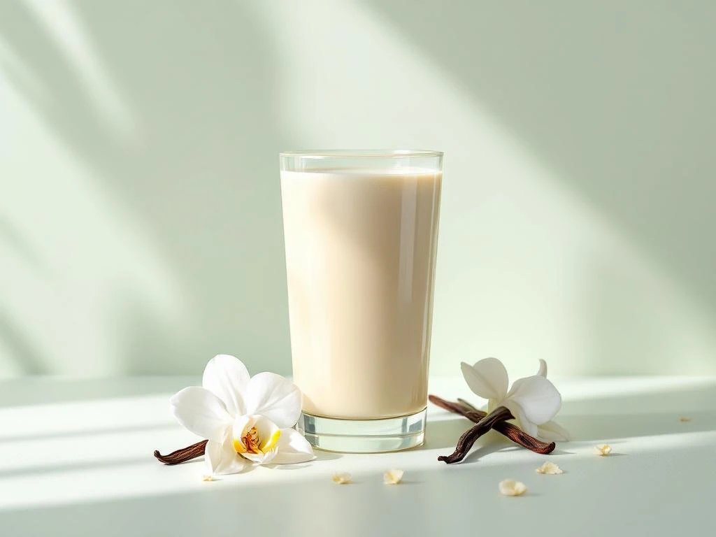 Creamy vanilla protein smoothie in glass with vanilla beans and orchid petals on sage background