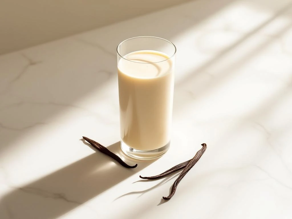 Creamy vanilla smoothie in tall glass on white marble surface with vanilla pod and geometric shadows