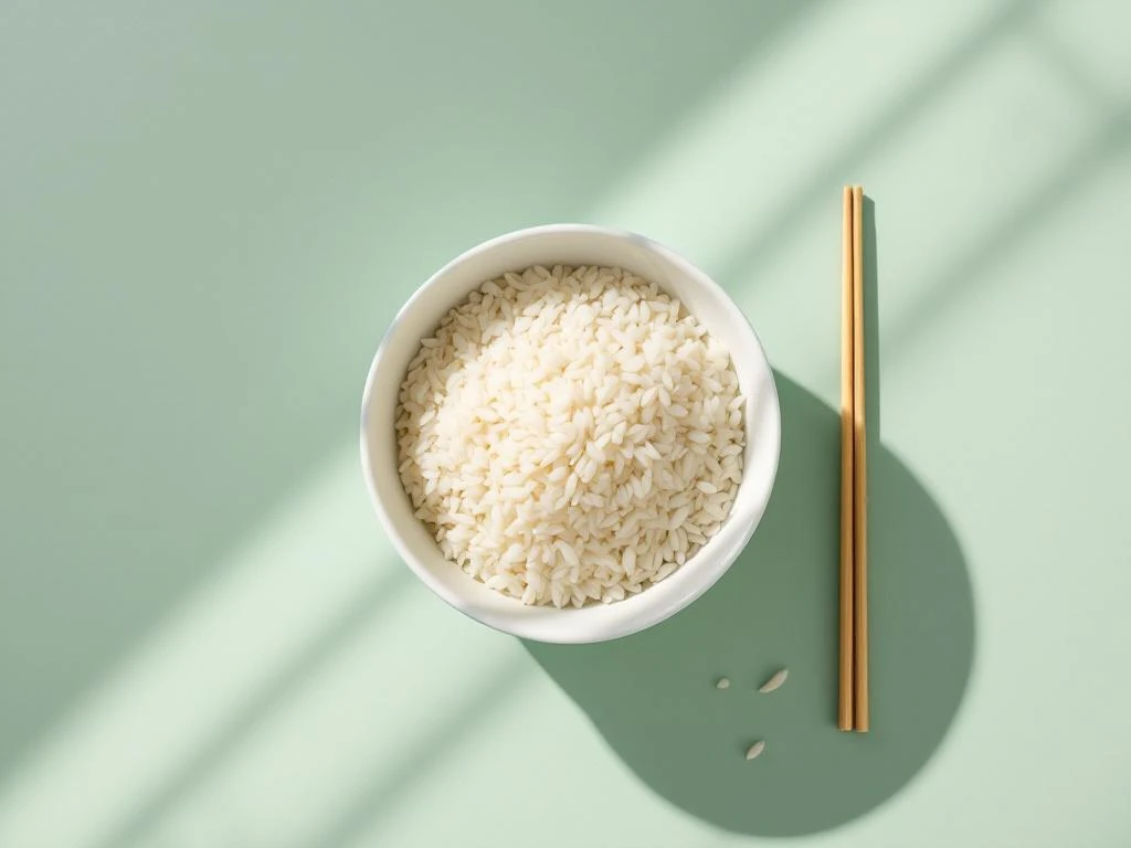 White ceramic bowl of cooked rice with bamboo chopstick on sage green background, scattered rice forms question mark shape