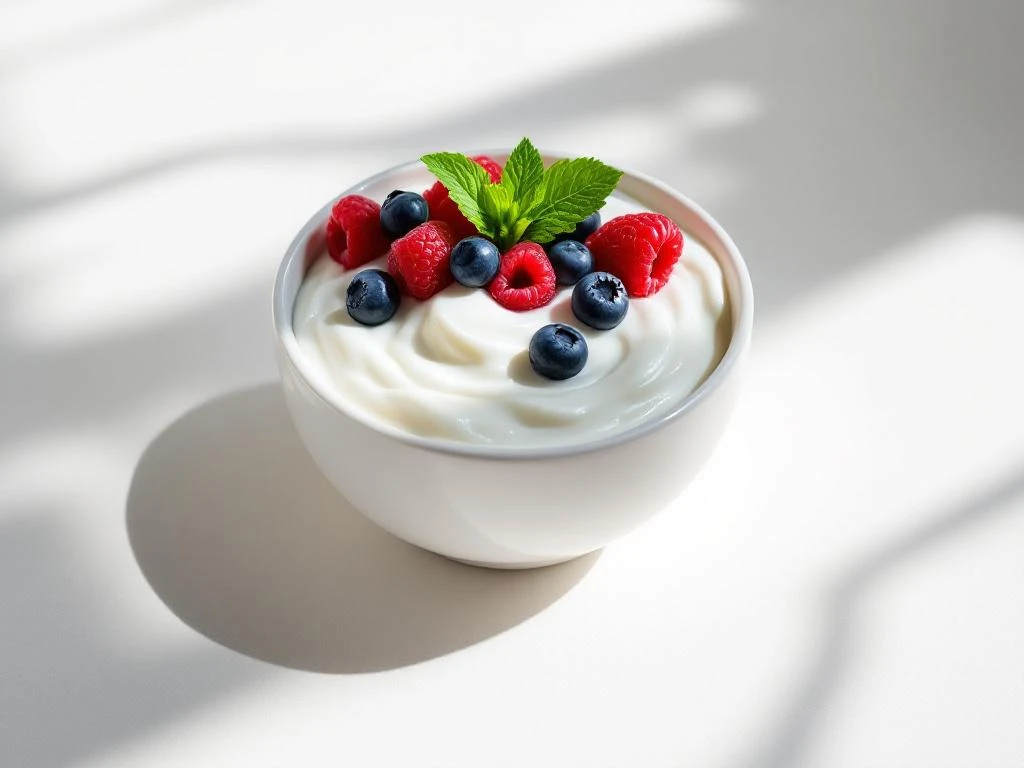White ceramic bowl of coconut yogurt topped with fresh raspberries, blueberries, blackberries, and mint leaf on neutral background