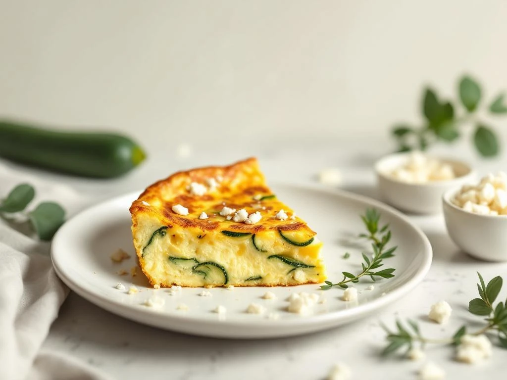 Golden-brown zucchini and feta frittata slice on white plate with fresh zucchini and feta bowl beside it