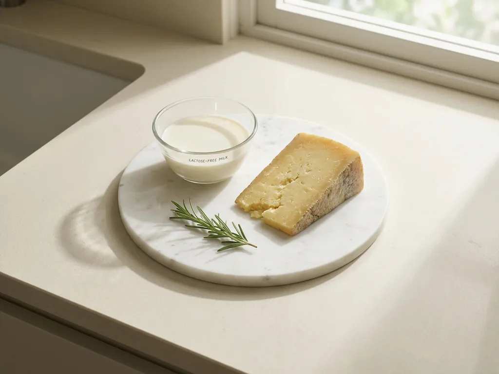 Aged yellow cheese wedge on white marble cutting board with glass bowl of lactose-free milk and green herb sprig