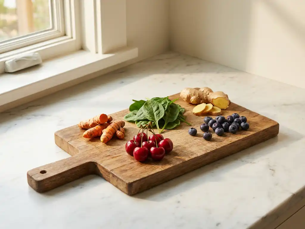 Wooden cutting board with turmeric root, spinach leaves, cherries, ginger, and blueberries on white marble countertop