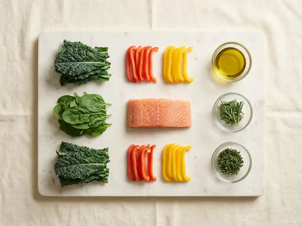 White marble cutting board with fresh leafy greens, colorful bell peppers, salmon fillet, and glass bowls of olive oil and herbs