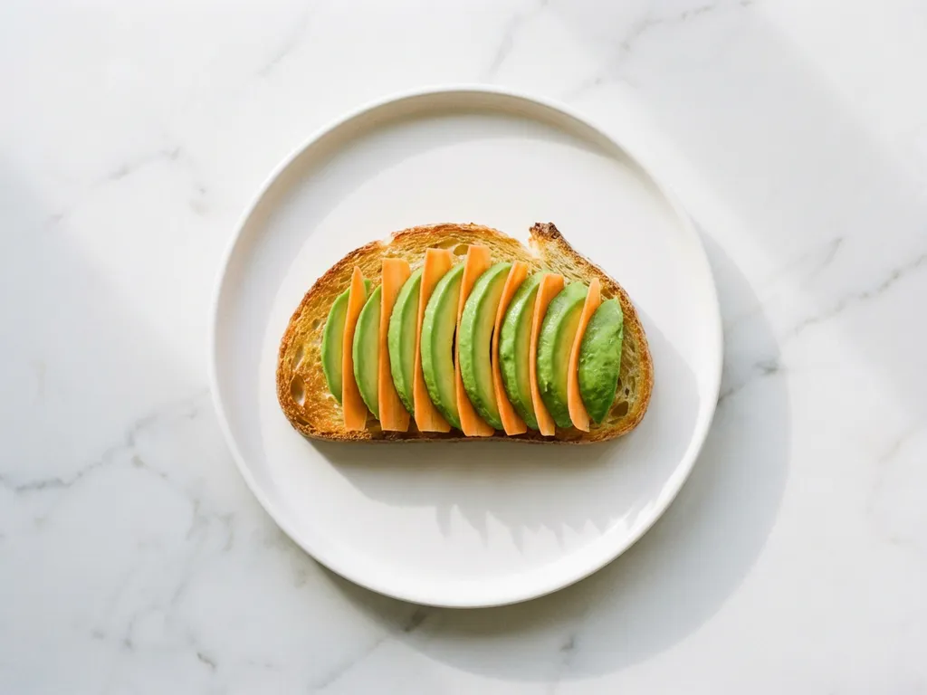 Golden sourdough toast topped with sliced avocado and orange carrot ribbons on white ceramic plate, marble countertop background
