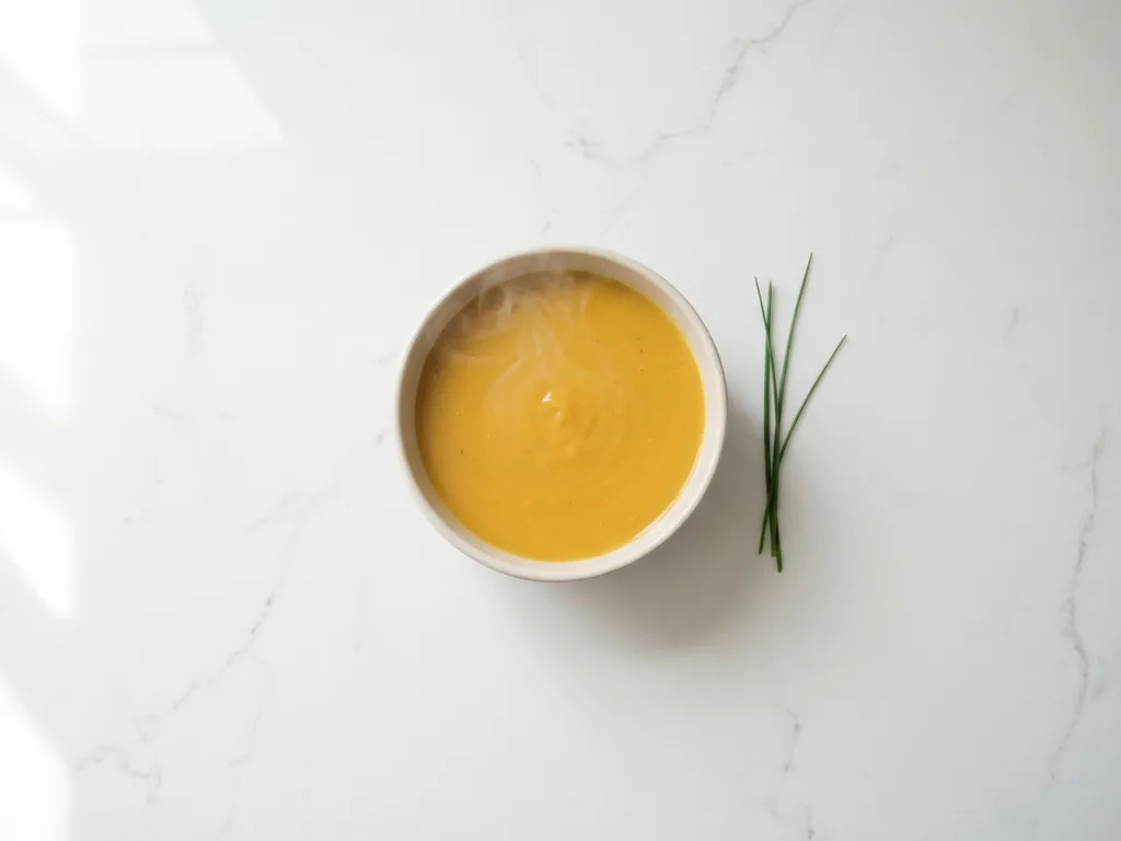 Steaming bowl of golden butternut squash soup on white marble surface with fresh chives, overhead view