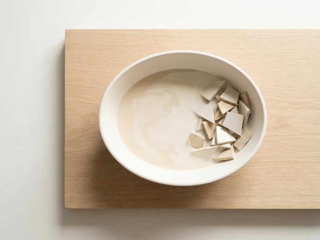 White ceramic bowl on wooden surface containing cream liquid transforming into geometric fragments, minimalist overhead composition