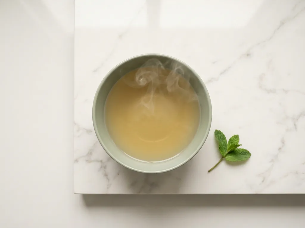 Ceramic bowl of steaming chamomile tea on white marble surface with fresh mint sprig in soft natural lighting