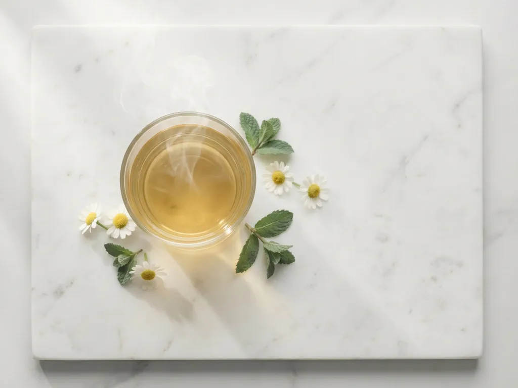 Glass of golden chamomile tea on white marble surface with steam rising, surrounded by fresh chamomile flowers and mint leaves