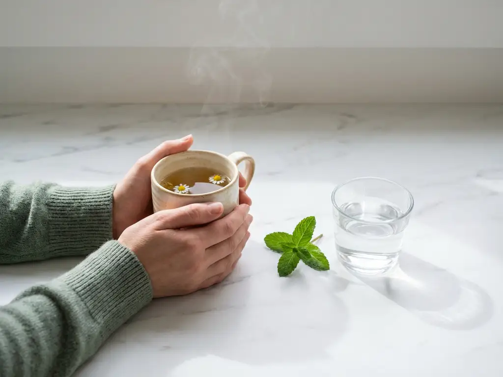 Hands holding ceramic mug of chamomile tea on white marble surface with mint sprig and water glass nearby