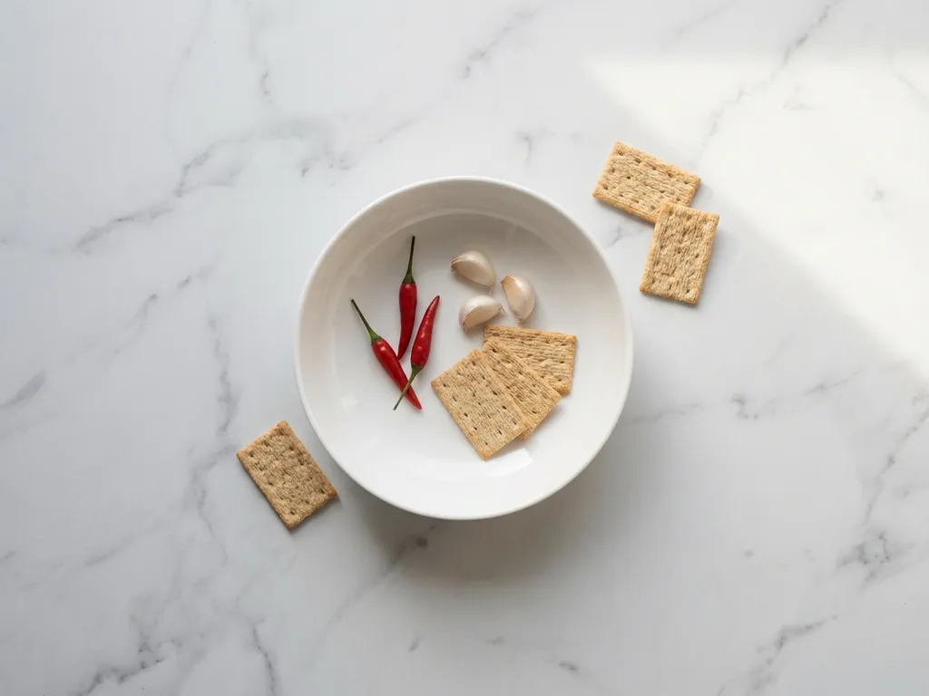White ceramic bowl with red chili peppers, garlic cloves, and wheat crackers on marble surface in minimalist flat lay composition
