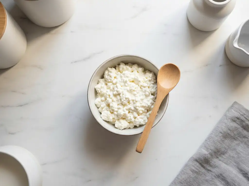 Bowl of creamy white cottage cheese with wooden spoon on marble countertop in minimalist kitchen setting