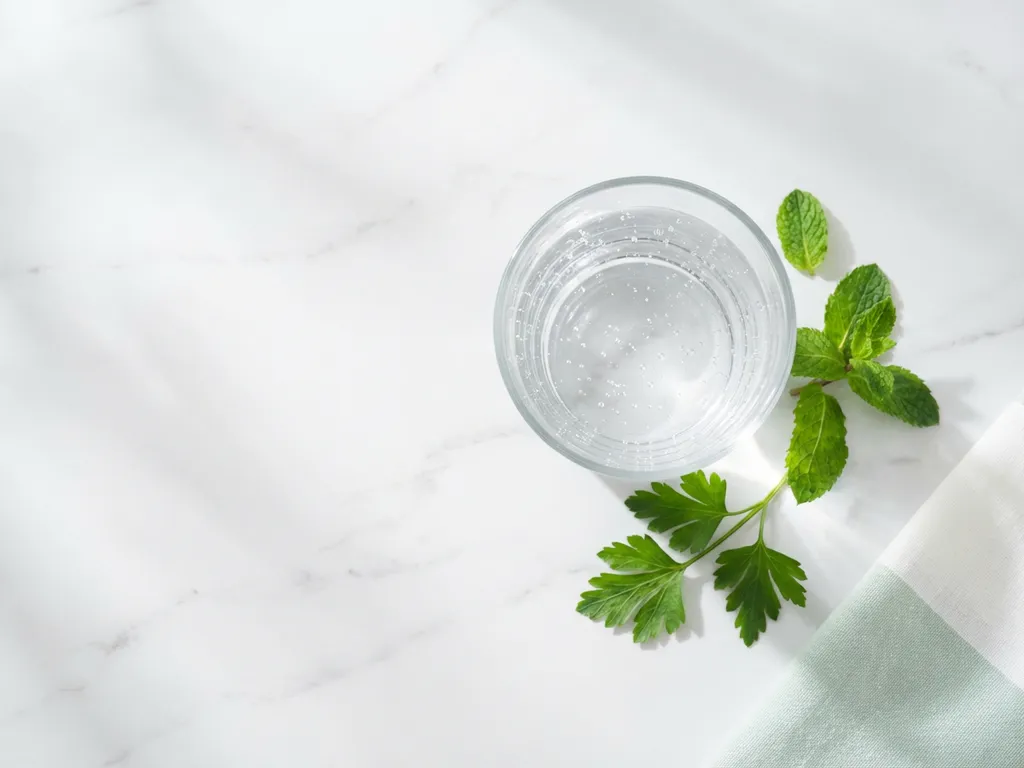 Crystal-clear glass of water with bubbles on white marble surface beside fresh mint and parsley herbs in natural light