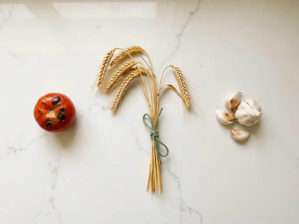 Three whole foods with visible blemishes on white marble surface: spotted red tomato, wilting wheat stalks, and brown-marked garlic cloves