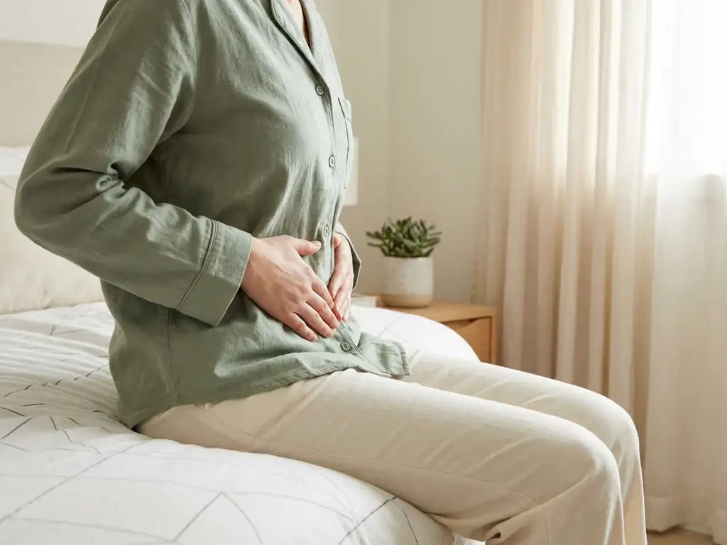 Person in cotton pajamas with hands on lower abdomen sitting on white bed with succulent plant, soft morning light in minimalist bedroom