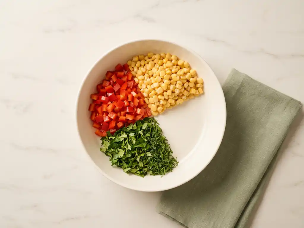 White ceramic bowl with sectioned diced vegetables including red bell peppers, corn kernels, and green herbs on marble countertop