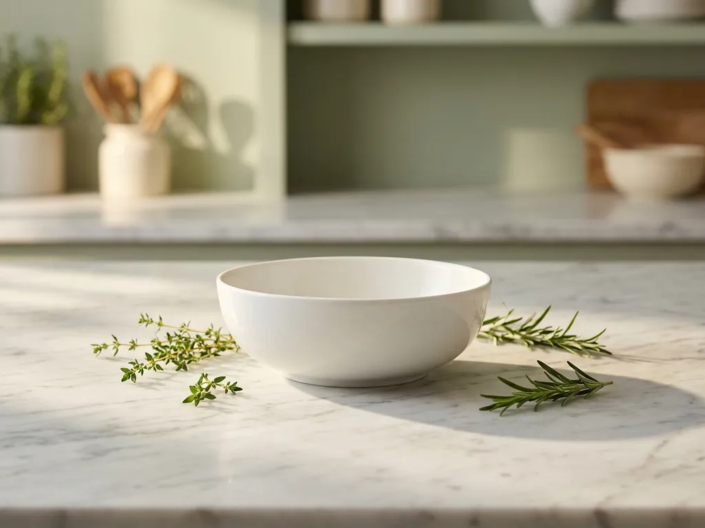 Empty white ceramic bowl on marble countertop with scattered green herbs, soft natural lighting from overhead perspective