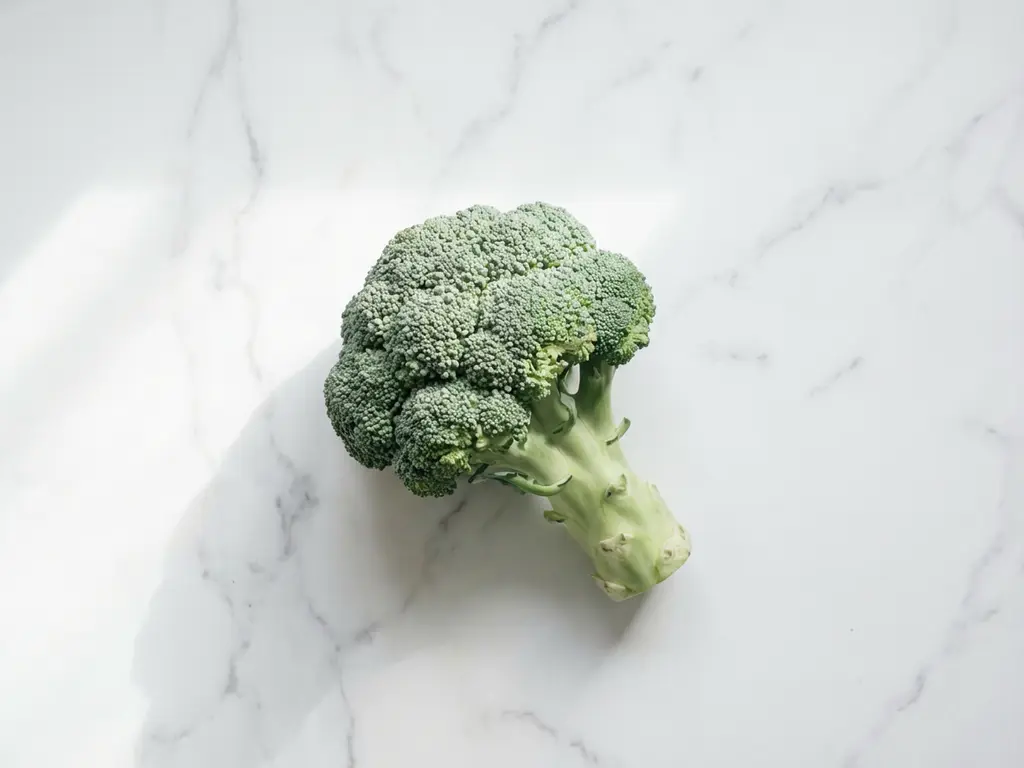 Fresh broccoli head on white marble surface with soft natural lighting and minimalist styling