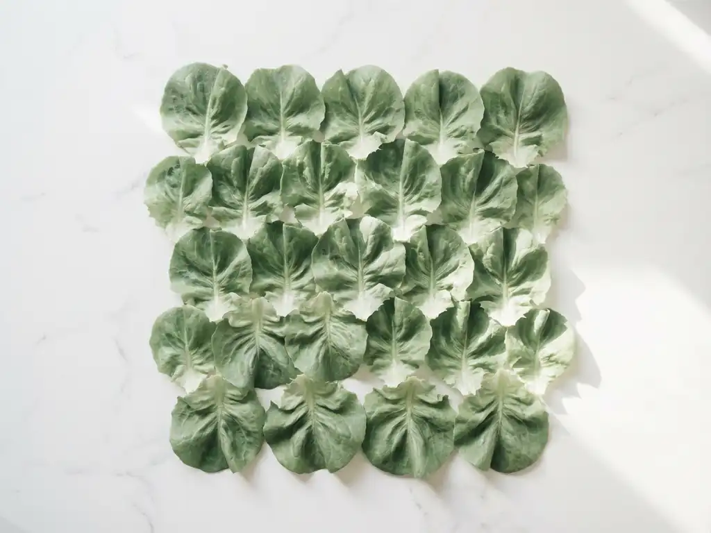 Fresh green lettuce leaves arranged in geometric pattern on white marble surface with soft natural lighting