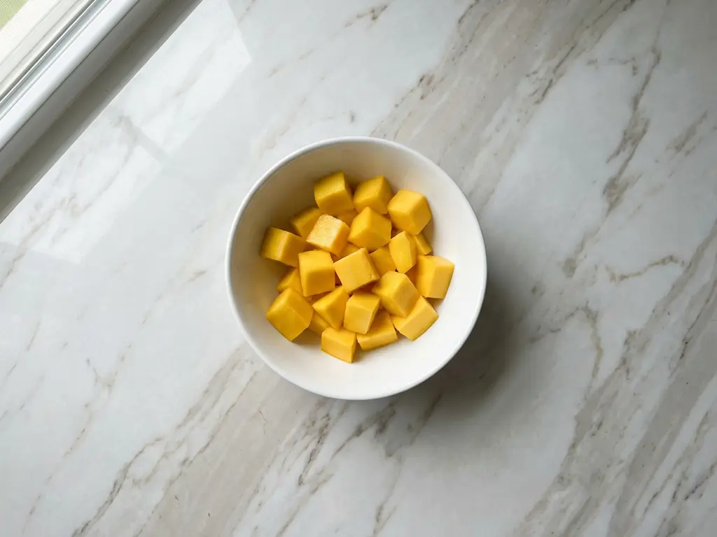 White ceramic bowl filled with golden mango cubes on marble surface, overhead view with natural lighting and minimalist styling