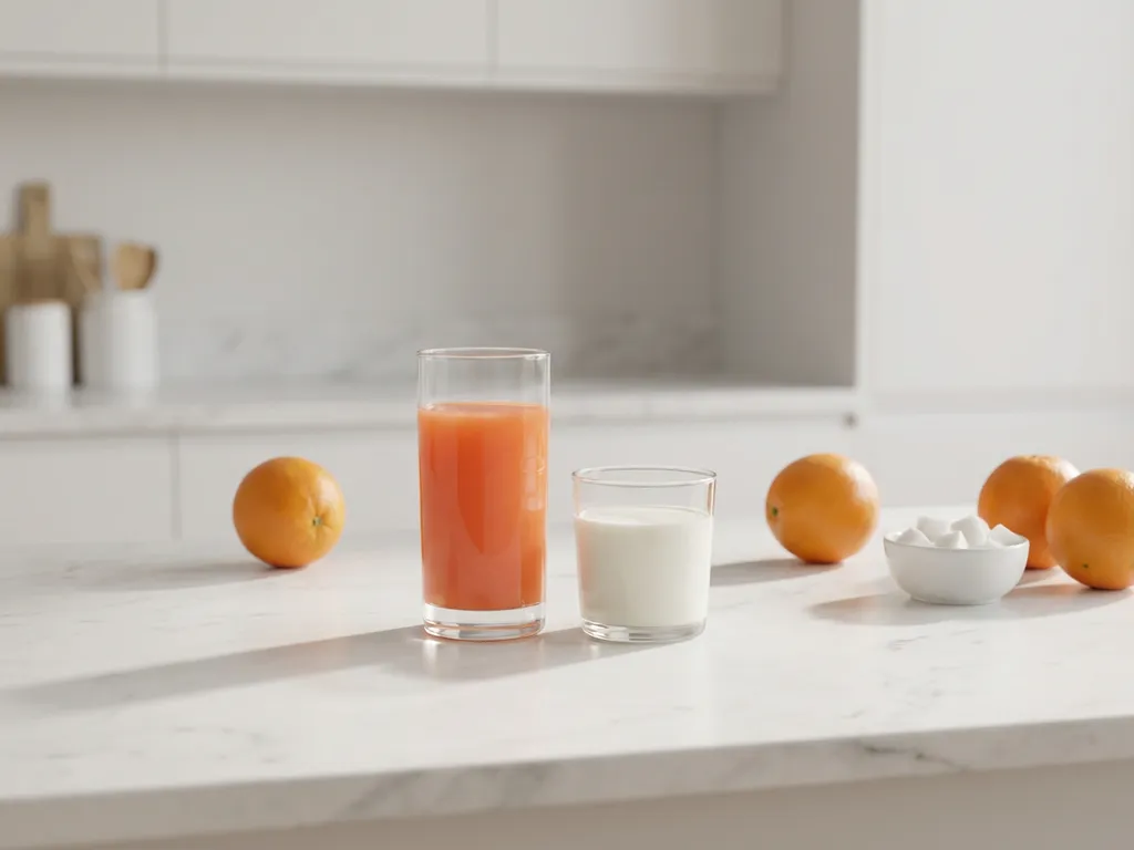 Tall glass of fresh orange juice and smaller glass of milk on white marble countertop with whole oranges and sugar cubes