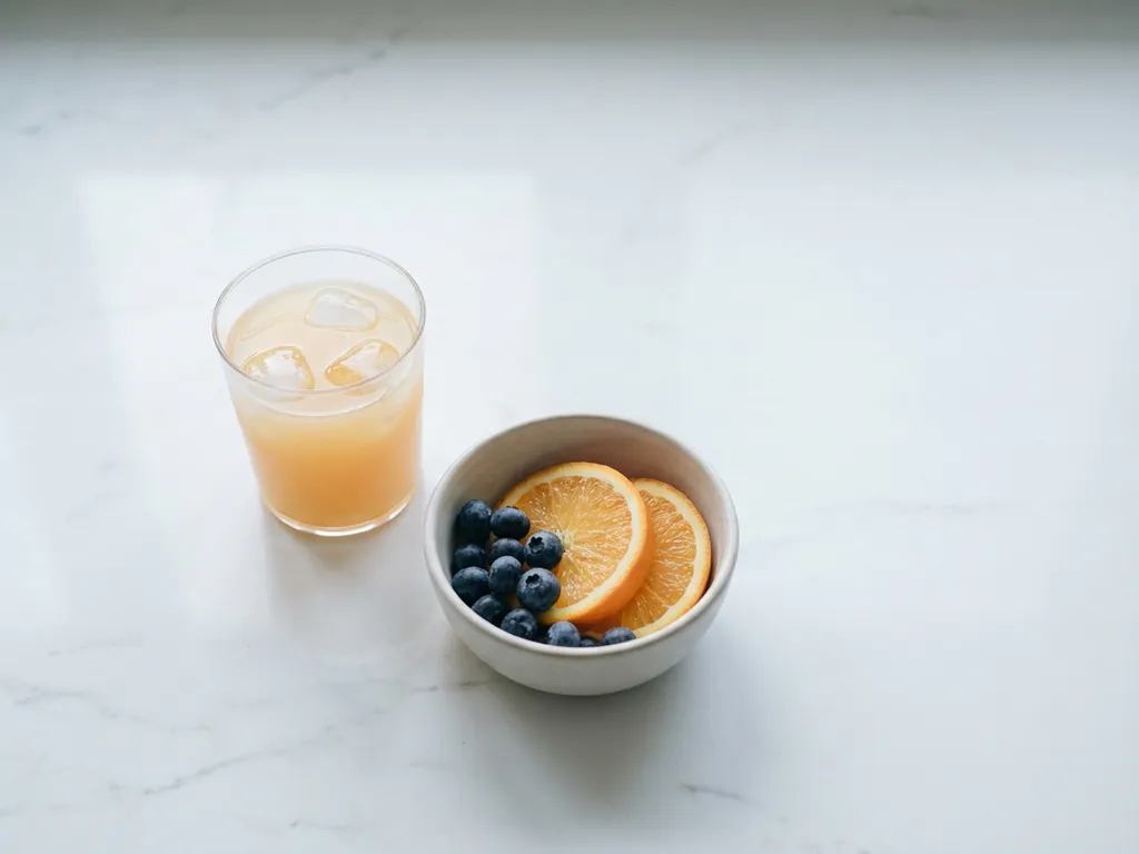 Glass of Gatorade and ceramic bowl with oranges and blueberries on white marble countertop in minimalist kitchen setting