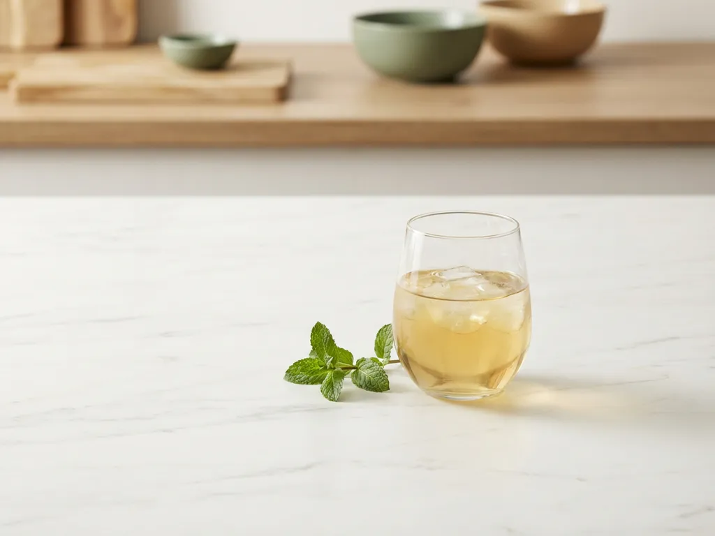 Golden liquid in clear glass on white marble surface with fresh mint sprig, natural lighting and warm wood accents