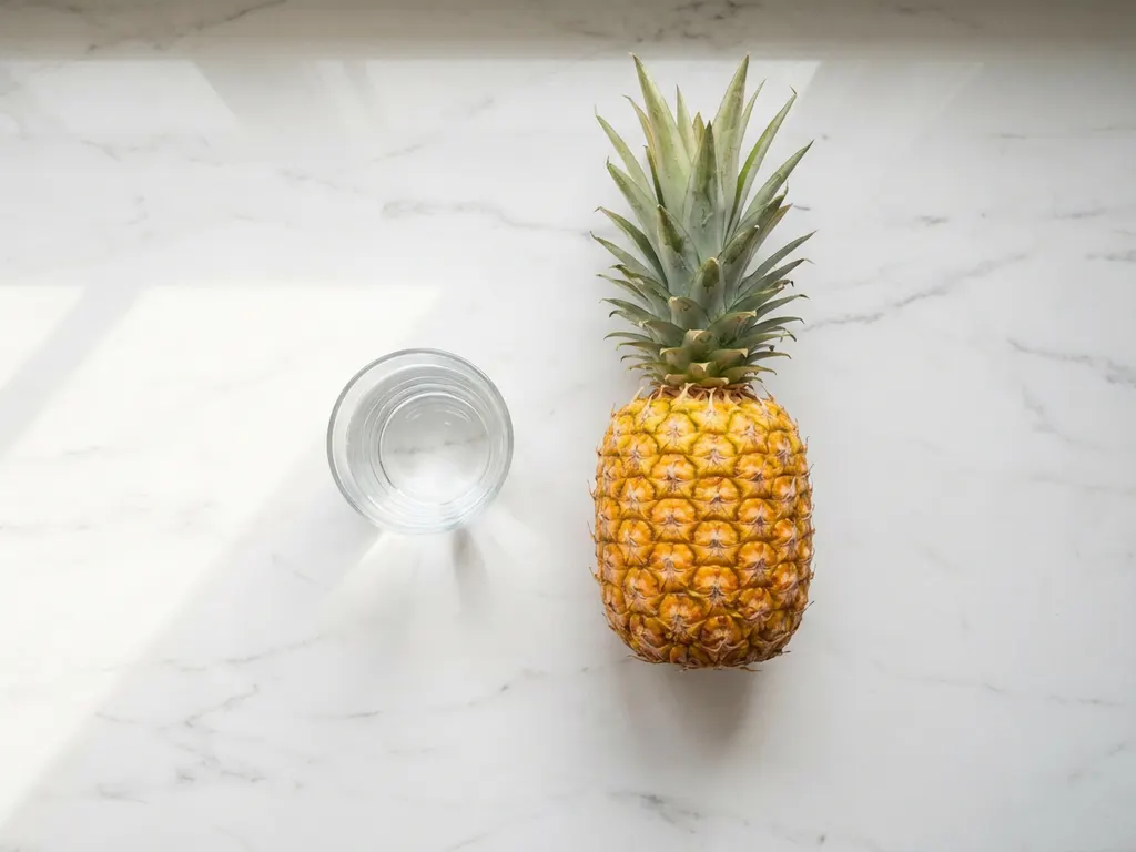 Golden pineapple and glass of water on white marble countertop in natural light, overhead view