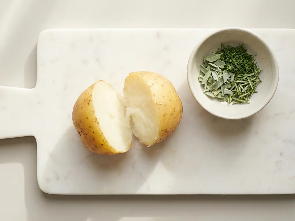 Golden potato cut in half showing fluffy white interior on marble cutting board with ceramic herb bowl, natural lighting