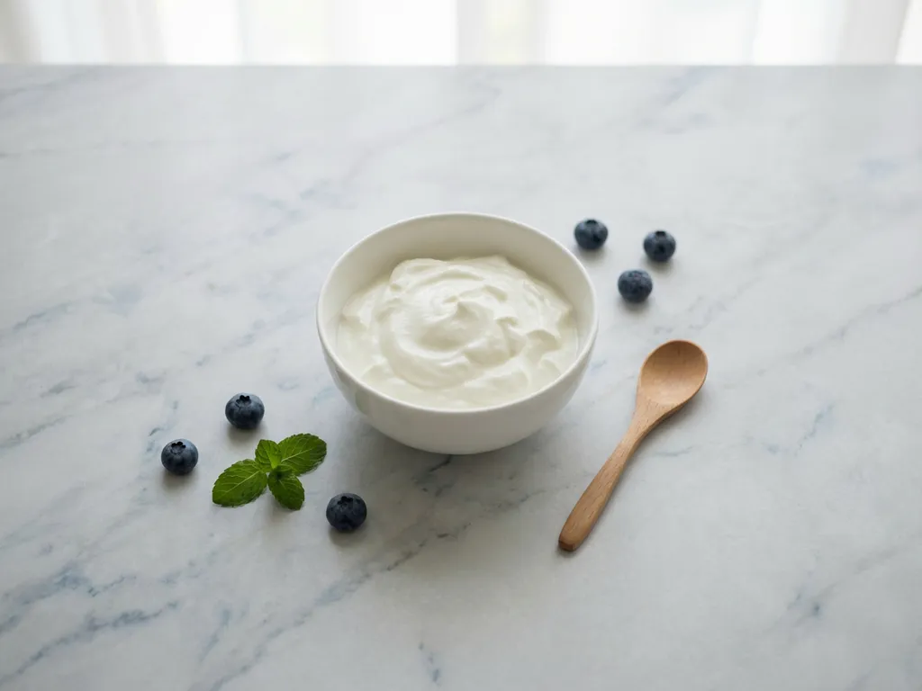 White ceramic bowl of Greek yogurt with wooden spoon on marble surface, garnished with fresh blueberries and mint sprig