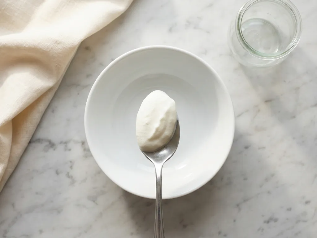 Spoonful of thick Greek yogurt suspended above white ceramic bowl on marble countertop with soft natural lighting