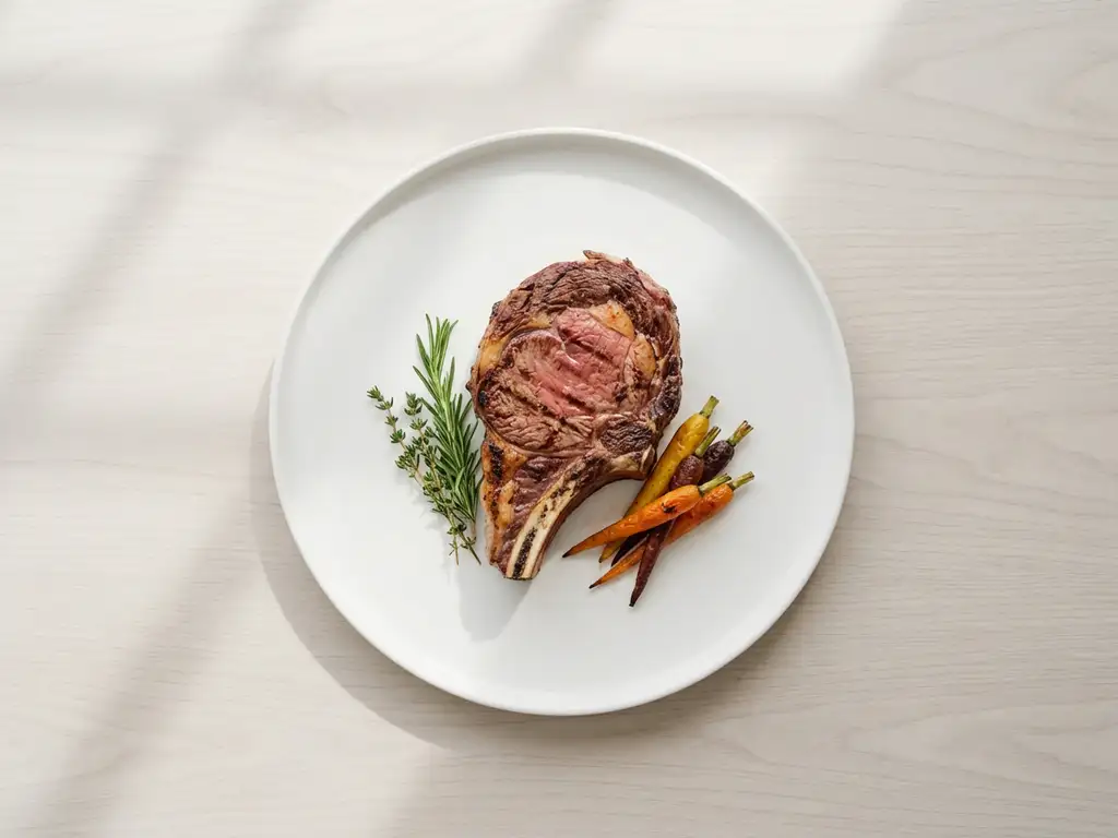 Medium-rare grilled steak on white ceramic plate with fresh herbs and roasted carrots on light wooden table