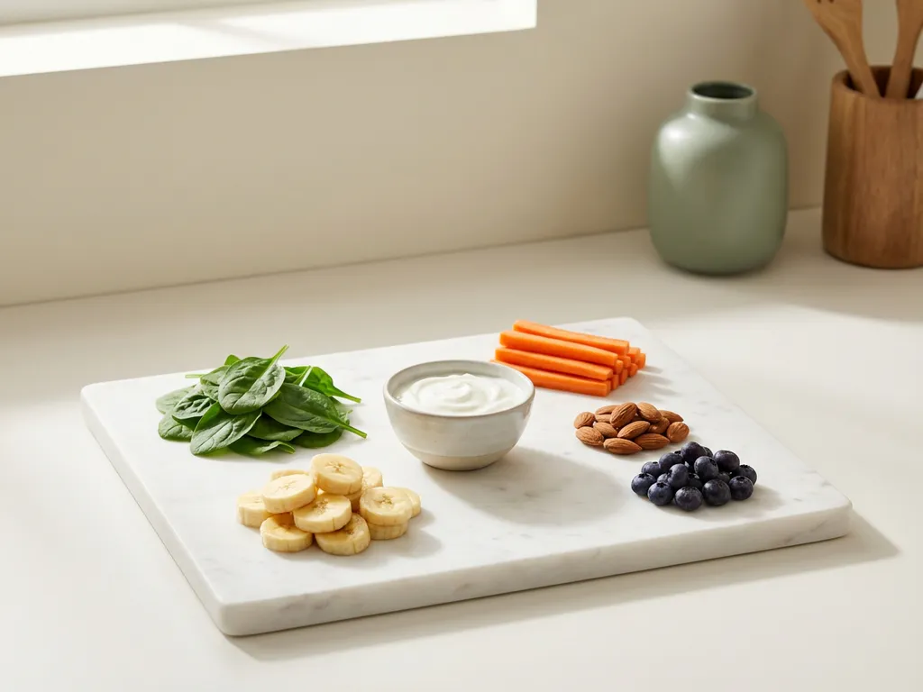 White marble cutting board with six gut-friendly foods arranged geometrically: spinach leaves, banana slices, yogurt bowl, carrots, almonds, and blueberries