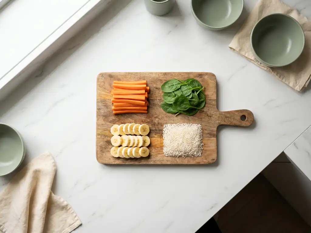 Wooden cutting board with colorful gut-healing foods including carrots, spinach, bananas, and rice arranged in geometric sections on marble countertop