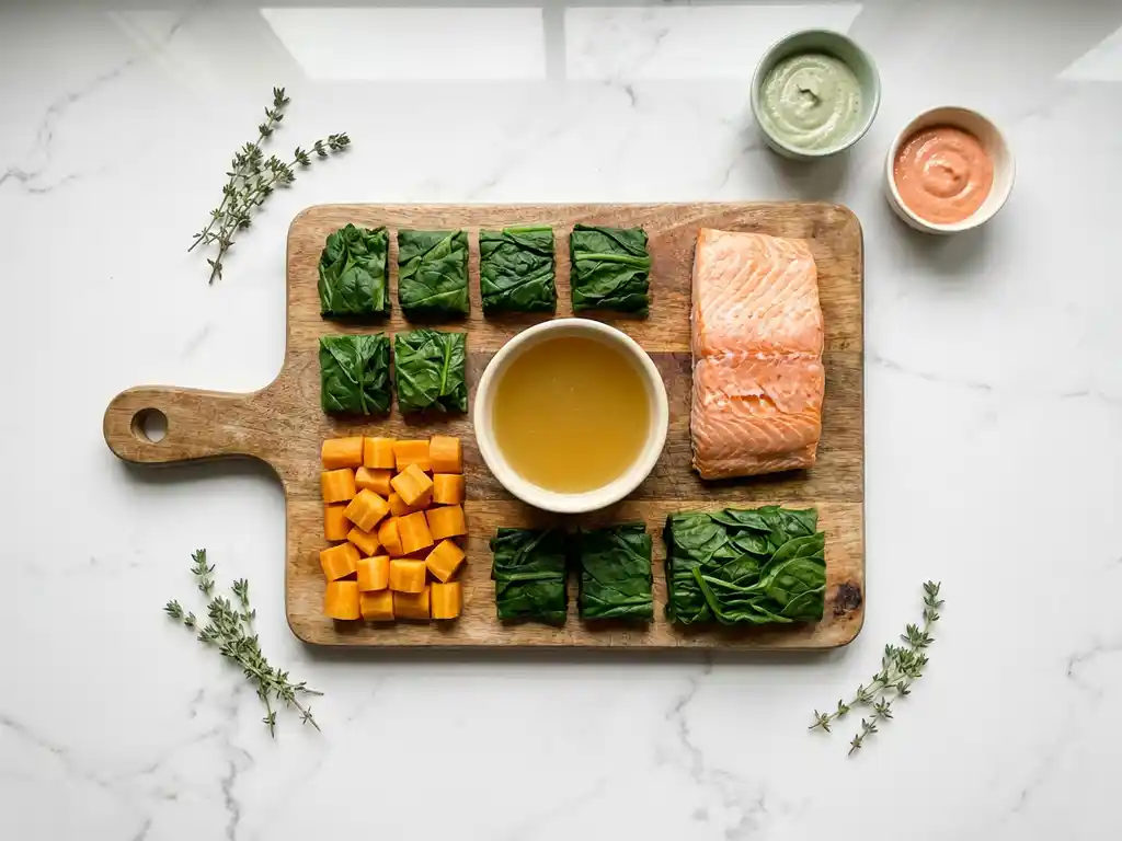 Wooden cutting board with gut-healing foods including carrots, spinach, bone broth in ceramic bowl, and salmon fillet on marble countertop